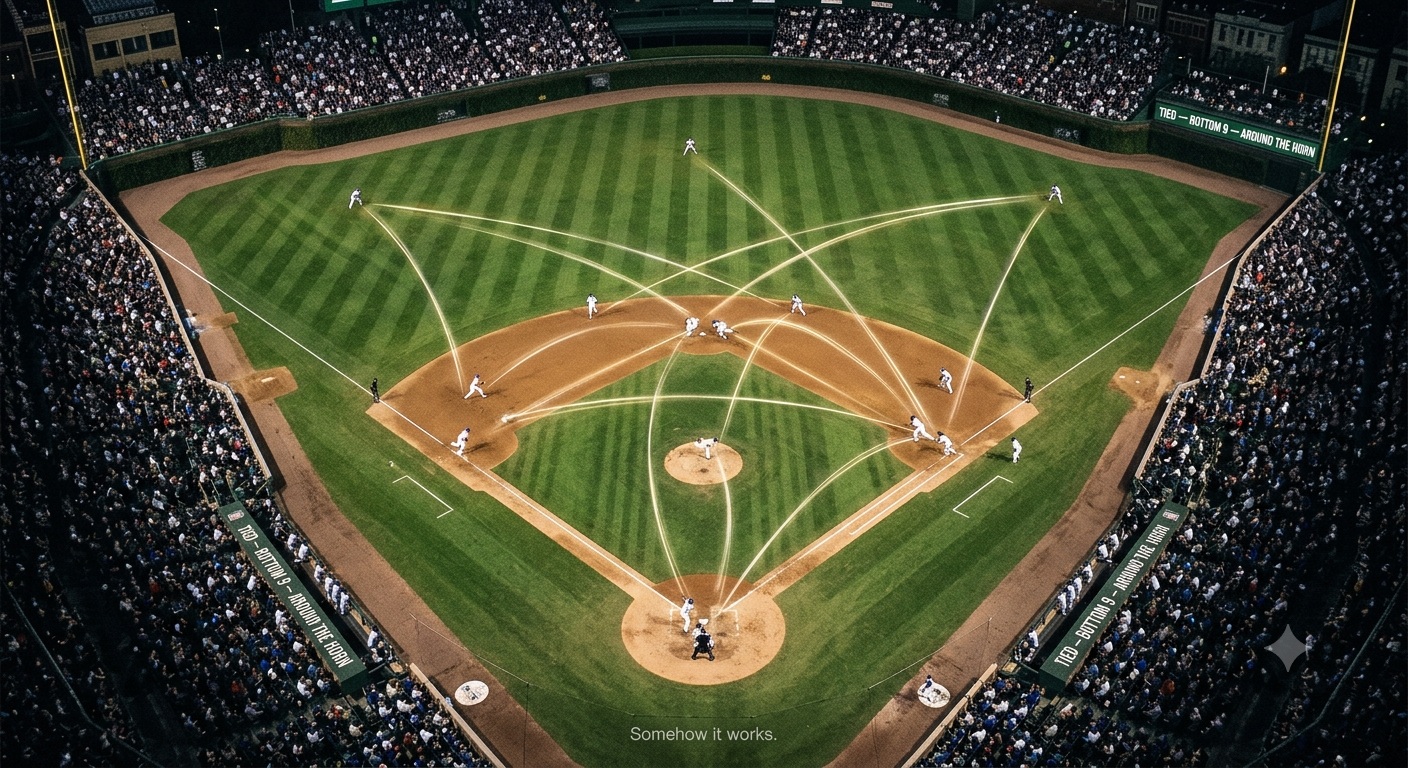 Aerial view of a baseball diamond, light trails connecting every position, scoreboard reads TIED — BOTTOM 9 — AROUND THE HORN
